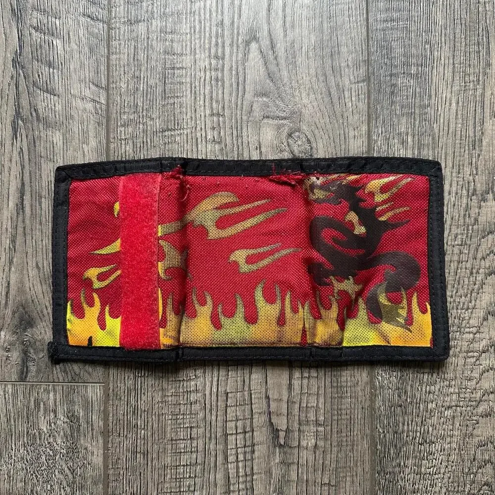Vintage Y2K Black Red Flame Fire Skater Cotton Wallet BiFold Cardholder